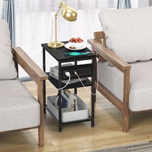 End Table with Charging Station, 3-Tier Side Table with PD 20W USB C Port and Outlets, Nightstand for Small Space Bedside Table with Storage Shelf for Living Room Bedroom, Furniture Plug-In Series