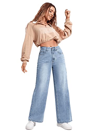 SweatyRocks Women's Casual High Waisted Distressed Ripped Jeans Wide Leg Denim Pants Light Blue S