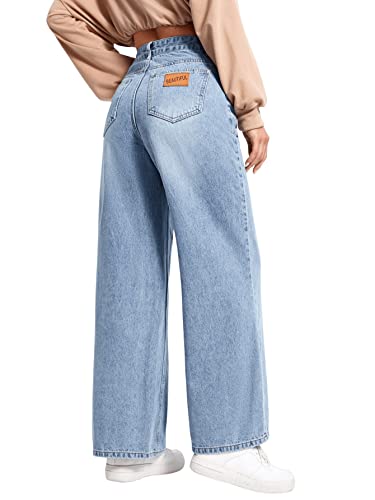 SweatyRocks Women's Casual High Waisted Distressed Ripped Jeans Wide Leg Denim Pants Light Blue S