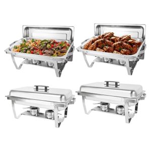 imacone 4 pack chafing dish buffet set, 8qt stainless steel rectangular chafers and buffet warmer sets for catering, with food & water pan, lid, foldable frame, fuel holder for event party holiday