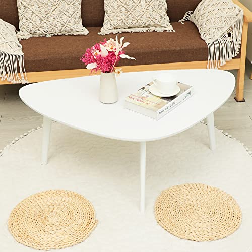 Small Oval Coffee Table Wood Mid Century Modern Coffee Tables Minimalist Farmhouse Style Chic for Living Room,Natural Wooden Texture,Unique Triangle Tabletop,Oak Leg,White 38.5"