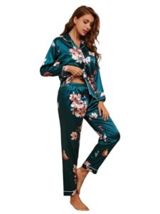 wdirara women's sleepwear floral print 2 piece satin pajama set button down loungewear dark green s