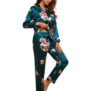 WDIRARA Women's Sleepwear Floral Print 2 Piece Satin Pajama Set Button Down Loungewear Dark Green S