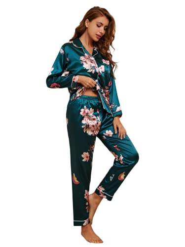 WDIRARA Women's Sleepwear Floral Print 2 Piece Satin Pajama Set Button Down Loungewear Dark Green S