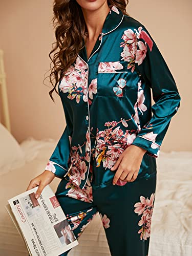 WDIRARA Women's Sleepwear Floral Print 2 Piece Satin Pajama Set Button Down Loungewear Dark Green S