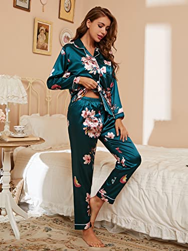 WDIRARA Women's Sleepwear Floral Print 2 Piece Satin Pajama Set Button Down Loungewear Dark Green S