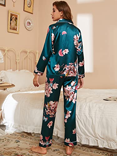 WDIRARA Women's Sleepwear Floral Print 2 Piece Satin Pajama Set Button Down Loungewear Dark Green S