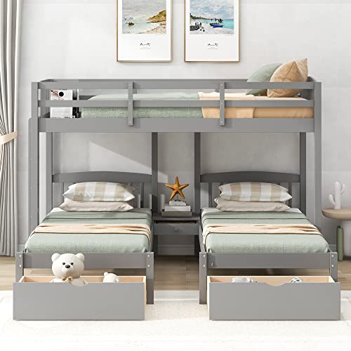 Wooden Triple Bunk Bed with Drawers, Twin Over Twin & Twin Bunk Bed for 3 Kids, Space Saving Bed Frame (2 Drawers- Grey)