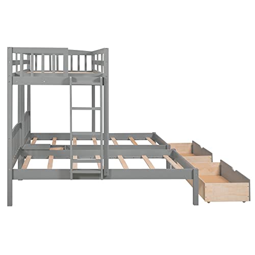 Wooden Triple Bunk Bed with Drawers, Twin Over Twin & Twin Bunk Bed for 3 Kids, Space Saving Bed Frame (2 Drawers- Grey)