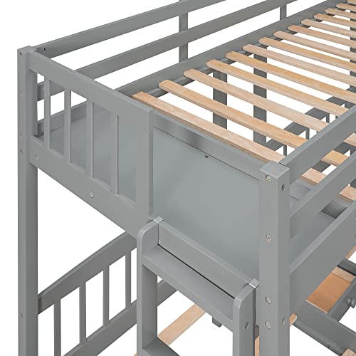 Wooden Triple Bunk Bed with Drawers, Twin Over Twin & Twin Bunk Bed for 3 Kids, Space Saving Bed Frame (2 Drawers- Grey)