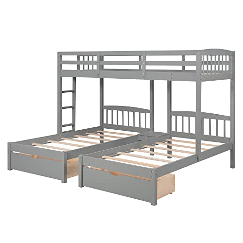 Wooden Triple Bunk Bed with Drawers, Twin Over Twin & Twin Bunk Bed for 3 Kids, Space Saving Bed Frame (2 Drawers- Grey)