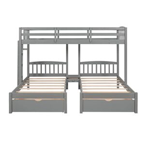 Wooden Triple Bunk Bed with Drawers, Twin Over Twin & Twin Bunk Bed for 3 Kids, Space Saving Bed Frame (2 Drawers- Grey)