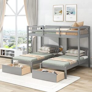 Wooden Triple Bunk Bed with Drawers, Twin Over Twin & Twin Bunk Bed for 3 Kids, Space Saving Bed Frame (2 Drawers- Grey)