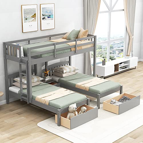 Wooden Triple Bunk Bed with Drawers, Twin Over Twin & Twin Bunk Bed for 3 Kids, Space Saving Bed Frame (2 Drawers- Grey)