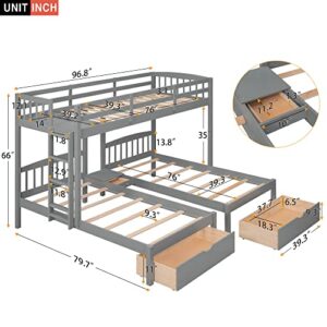 Wooden Triple Bunk Bed with Drawers, Twin Over Twin & Twin Bunk Bed for 3 Kids, Space Saving Bed Frame (2 Drawers- Grey)