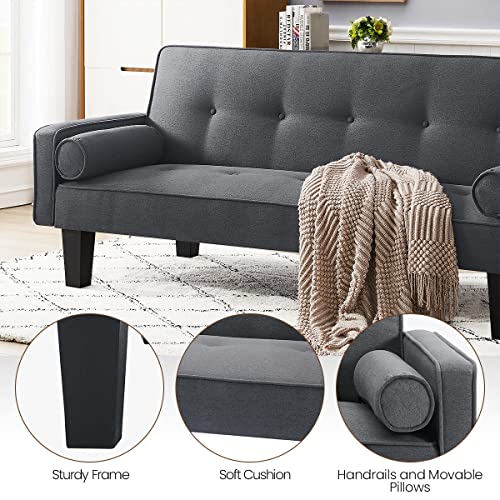 Lamerge Futon Sofa Bed with 2 Pillows, Modern Upholstered Loveseat with 3 Angle Adjustable Backrest, Convertible Sleeper Sofa Couch for Compact Small Space, Apartment and Living Room, Dark Grey