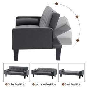 Lamerge Futon Sofa Bed with 2 Pillows, Modern Upholstered Loveseat with 3 Angle Adjustable Backrest, Convertible Sleeper Sofa Couch for Compact Small Space, Apartment and Living Room, Dark Grey