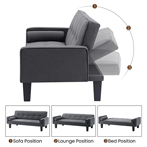 Lamerge Futon Sofa Bed with 2 Pillows, Modern Upholstered Loveseat with 3 Angle Adjustable Backrest, Convertible Sleeper Sofa Couch for Compact Small Space, Apartment and Living Room, Dark Grey