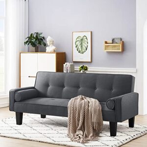 Lamerge Futon Sofa Bed with 2 Pillows, Modern Upholstered Loveseat with 3 Angle Adjustable Backrest, Convertible Sleeper Sofa Couch for Compact Small Space, Apartment and Living Room, Dark Grey