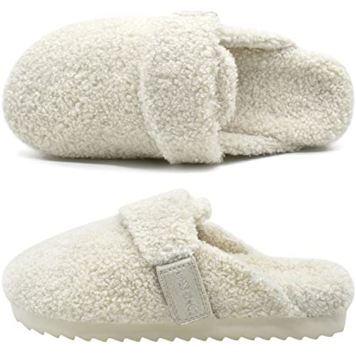 ONCAI Womens Fluffy Slippers,Cute Sherpa Faux Fur Scuff Garden Slip on House Slippers with Polar Fleece Lining Memory Foam Footbed and Indoor/Outdoor Rubber Hard Soles White US Size 8