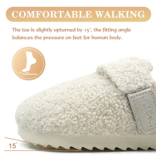 ONCAI Womens Fluffy Slippers,Cute Sherpa Faux Fur Scuff Garden Slip on House Slippers with Polar Fleece Lining Memory Foam Footbed and Indoor/Outdoor Rubber Hard Soles White US Size 8