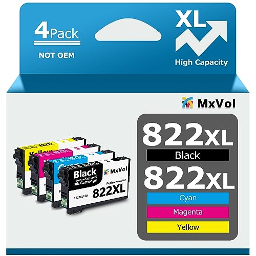 MxVol 822XL Remanufactured Ink Cartridge Replacement for Epson 822XL 822 XL T822XL High Yield to use with EPSON Workforce Pro WF-3820 WF-4820 WF-4830 WF-4833 WF-4834 (Black Cyan Magenta Yellow 4-Pack)