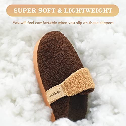 ONCAI Womens Fluffy Slippers,Cute Sherpa Faux Fur Scuff Garden Slip on House Slippers with Polar Fleece Lining Memory Foam Footbed and Indoor/Outdoor Rubber Hard Soles Brown US Size 9