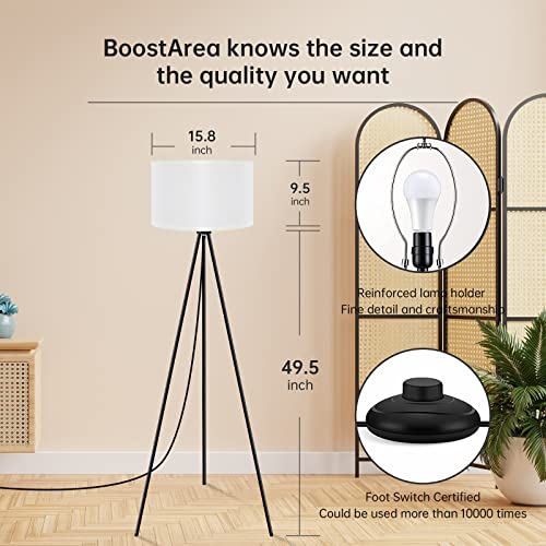 BoostArea Floor Lamp for Living Room, Tripod Floor Lamp, 15W LED Bulb, 3 Levels Dimmable Brightness, White Linen Lamp Shade, Mid Century Standing Lamp for Living Room, Bedroom, Study Room and Office