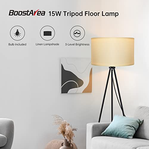 BoostArea Floor Lamp for Living Room, Tripod Floor Lamp, 15W LED Bulb, 3 Levels Dimmable Brightness, White Linen Lamp Shade, Mid Century Standing Lamp for Living Room, Bedroom, Study Room and Office