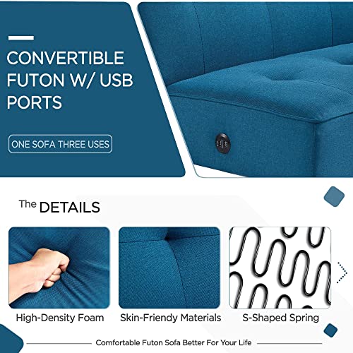Yaheetech Modern Convertible Futon Sofa Bed w/ 2 Integrated USB Charging Ports Fabric Loveseat Couch Metal Legs, 3 Angles Adjustable Back for Compact Living Space, Apartment, Dorm, Bonus Room Blue