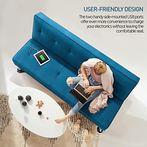 Yaheetech Modern Convertible Futon Sofa Bed w/ 2 Integrated USB Charging Ports Fabric Loveseat Couch Metal Legs, 3 Angles Adjustable Back for Compact Living Space, Apartment, Dorm, Bonus Room Blue
