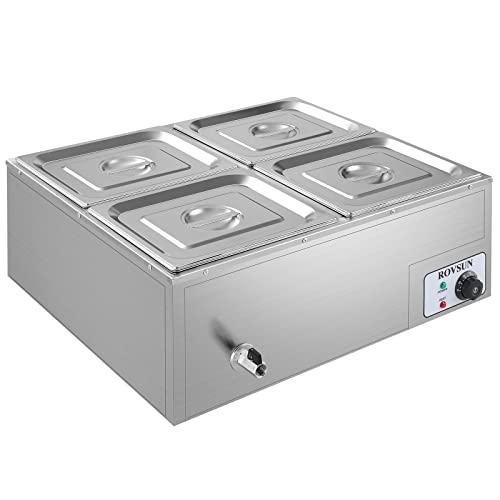 ROVSUN 42.3QT 4-Pan Electric Commercial Food Warmer, 110V Stainless Steel Bain Marie Buffet, 10.6 QT/Pan Stove Steam Table with Temperature Control & Lid for Parties, Catering, Restaurants