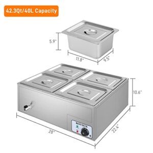 ROVSUN 42.3QT 4-Pan Electric Commercial Food Warmer, 110V Stainless Steel Bain Marie Buffet, 10.6 QT/Pan Stove Steam Table with Temperature Control & Lid for Parties, Catering, Restaurants
