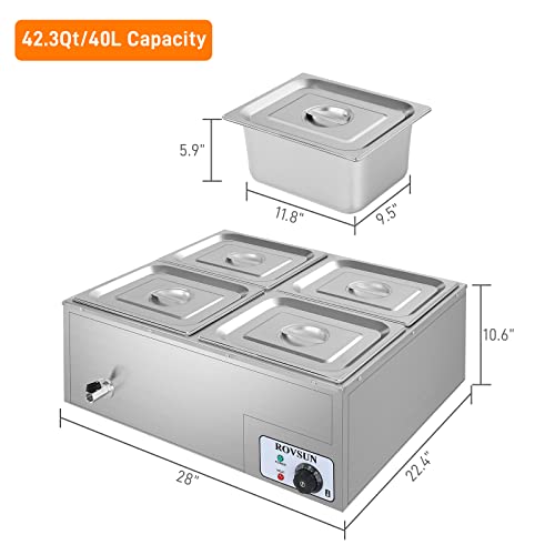 ROVSUN 42.3QT 4-Pan Electric Commercial Food Warmer, 110V Stainless Steel Bain Marie Buffet, 10.6 QT/Pan Stove Steam Table with Temperature Control & Lid for Parties, Catering, Restaurants