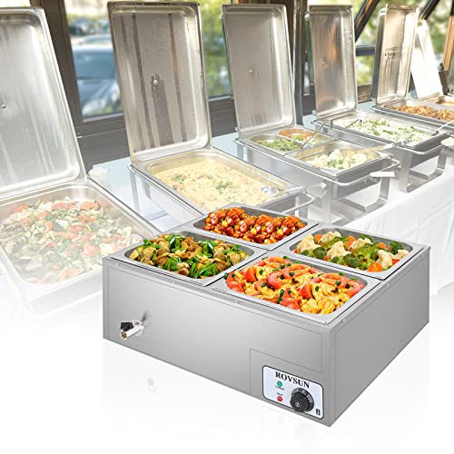 ROVSUN 42.3QT 4-Pan Electric Commercial Food Warmer, 110V Stainless Steel Bain Marie Buffet, 10.6 QT/Pan Stove Steam Table with Temperature Control & Lid for Parties, Catering, Restaurants