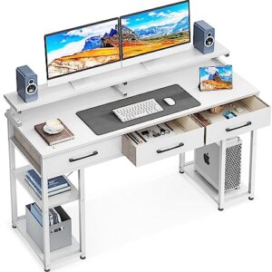 odk computer desk with drawers and storage shelves, 55 inch home office desk with monitor stand, modern work study writing table desk for small spaces, white + white leg