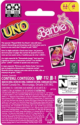 UNO Barbie The Movie Card Game, Inspired by the Movie for Family Night, Game Night, Travel, Camping and Party