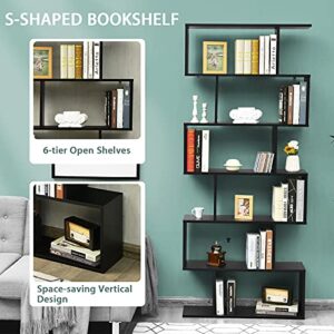 Augester 6-Tier Bookshelf, Wood S-Shaped Bookcase with Anti-toppling Device, Freestanding Display Shelf for Living Room, Bedroom, Office (Black)