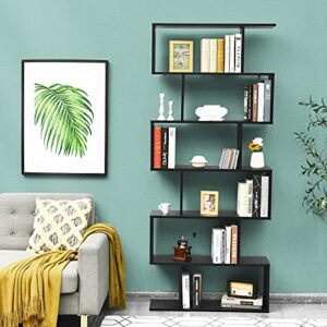 Augester 6-Tier Bookshelf, Wood S-Shaped Bookcase with Anti-toppling Device, Freestanding Display Shelf for Living Room, Bedroom, Office (Black)