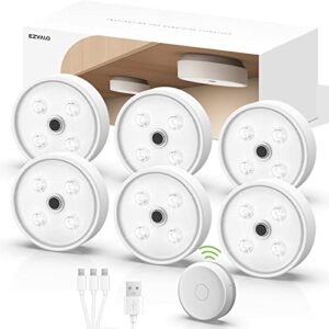 ezvalo puck lights with remote control, rechargeable led battery operated, wireless, group control, dimmable under cabinet/ counter lighting closet light (6 pack)