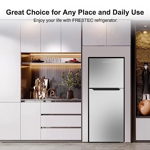 Frestec 10.0 CU' Refrigerator with Freezer, Apartment Size Refrigerator Top Freezer, 2 Door Fridge with Adjustable Thermostat Control, Freestanding, Door Swing, Stainless Steel (FR 1002 SL)