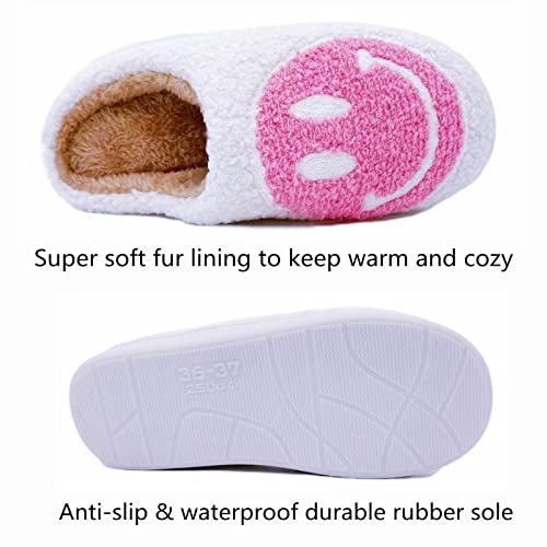 Jcgosmn Smile Face Slippers Women Men Toddlers House for Kids Waterproof Sole Fuzzy Slide Boys Girls Slip-on Shoes White Pink 4-5 Women/3-4 Men