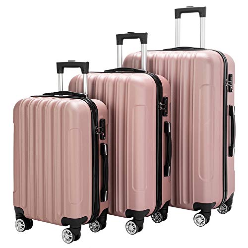 Karl home Luggage Set of 3 Hardside Carry on Suitcase Sets with Spinner Wheels & TSA lock, Portable Lightweight ABS Luggages for Travel, Business - Rose Gold (20/24/28)