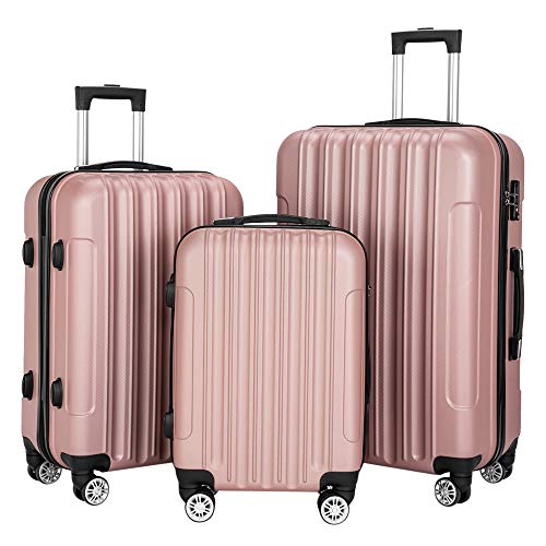 Karl home Luggage Set of 3 Hardside Carry on Suitcase Sets with Spinner Wheels & TSA lock, Portable Lightweight ABS Luggages for Travel, Business - Rose Gold (20/24/28)