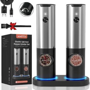 homcytop electric salt and pepper grinder set w/usb rechargeable base, no battery needed, one handed operation, automatic powered spice mill shakers refillable, adjustable coarseness, led light