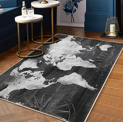 Black Area Rugs for Bedroom, Living Room, World Map Modern Abstract Non-Slip Area Rug Distressed Floor Carpet, 8 x 10 feet