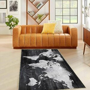 Black Area Rugs for Bedroom, Living Room, World Map Modern Abstract Non-Slip Area Rug Distressed Floor Carpet, 8 x 10 feet