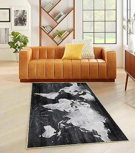 Black Area Rugs for Bedroom, Living Room, World Map Modern Abstract Non-Slip Area Rug Distressed Floor Carpet, 8 x 10 feet