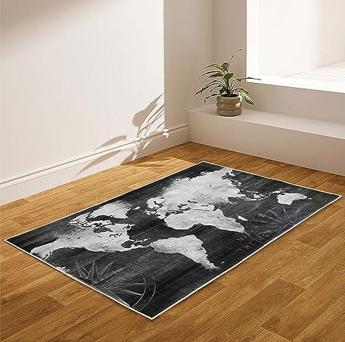 Black Area Rugs for Bedroom, Living Room, World Map Modern Abstract Non-Slip Area Rug Distressed Floor Carpet, 8 x 10 feet