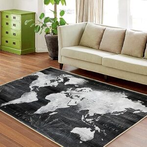 Black Area Rugs for Bedroom, Living Room, World Map Modern Abstract Non-Slip Area Rug Distressed Floor Carpet, 8 x 10 feet